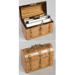 A 19TH CENTURY MULBERRY STATIONARY BOX, the domed hinged top with applied brass swing handle and