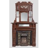 AN EDWARDIAN MAHOGANY FIREPLACE, SURROUND AND OVERMANTEL MIRROR, the cast-iron grate and burner