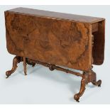 A VICTORIAN WALNUT AND BURR WALNUT SUTHERLAND TABLE, the narrow rectangular top above deep folding