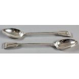 A PAIR OF SILVERPLATE FIDDLE PATTERN BASTING SPOONS, handles engraved with an eagle, 32.5cm (