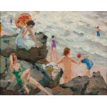 HAMILTON A. SCOTT (BRITISH: 1876 - 1944), BEACH SCENE, oil on board, signed and dated 1936, 20cm