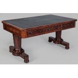 A WILLIAM IV MAHOGANY LIBRARY DESK, the cross-banded top with a gilt-tooled leather inlaid writing