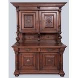 A 19TH CENTURY DUTCH OAK DRESSER, the upper section with a moulded swept pediment above two