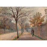 JOSEPH POOLE ADDEY (BRITISH: 1855 - 1922), GIRL WALKING ALONG AVENUE, watercolour on paper, signed