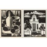 DAVID JOHANNES BOONZAIER (1921 - 1995), CAPE DUTCH HOMESTEAD STILL LIFE OF BOTTLE AND FRUIT, linocut