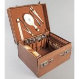 A VICTORIAN LADIES TRAVELLING LEATHER CASE, LONDON 1895, W.G., comprising: of six silver and glass