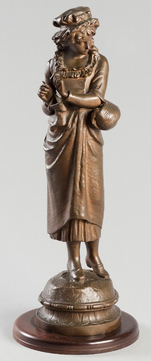 HENRI WEISSE ATTRIB. (FRENCH: 19TH CENTURY), MAIDEN KNITTING, spelter, standing on a circular wooden
