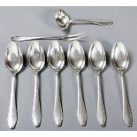 A SET OF SIX .800STD SILVER BEAD PATTERN SERVING SPOONS, together with a pickle fork and sauce