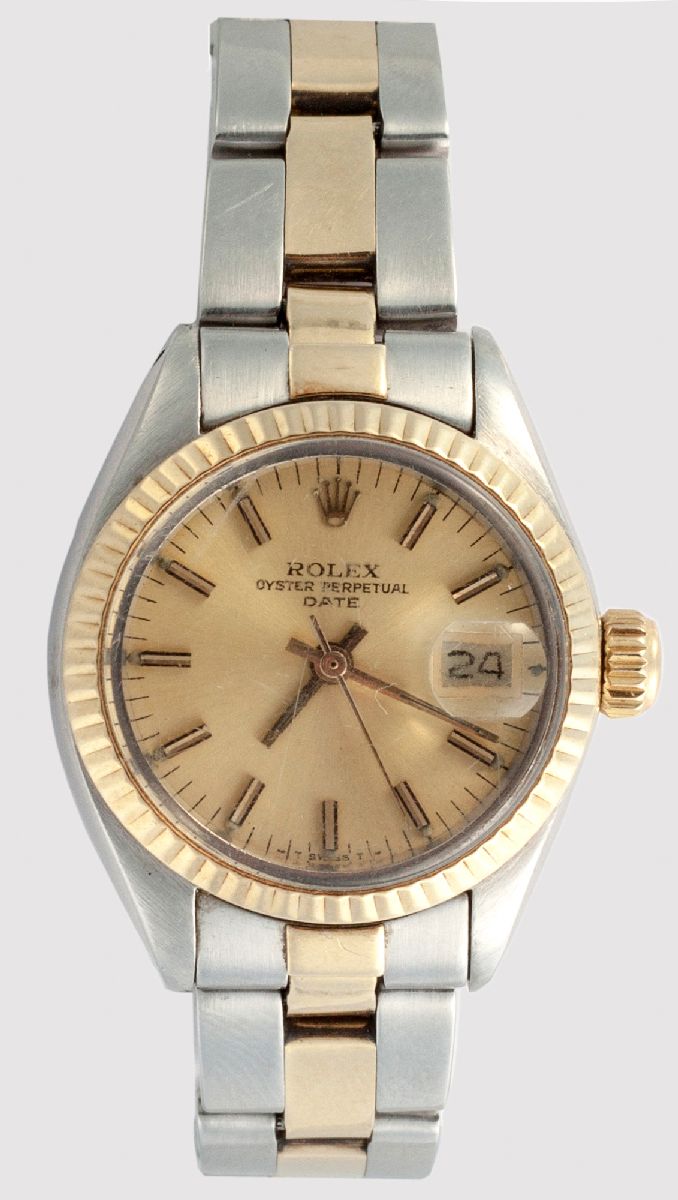 A ROLEX OYSTER PERPETUAL STAINLESS STEEL AND YELLOW GOLD LADIES WRISTWATCH, stainless steel and gold