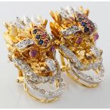 A PAIR OF 14CT YELLOW AND WHITE GOLD RAGON HEAD MOTIF EARRINGS, each set with two round ruby