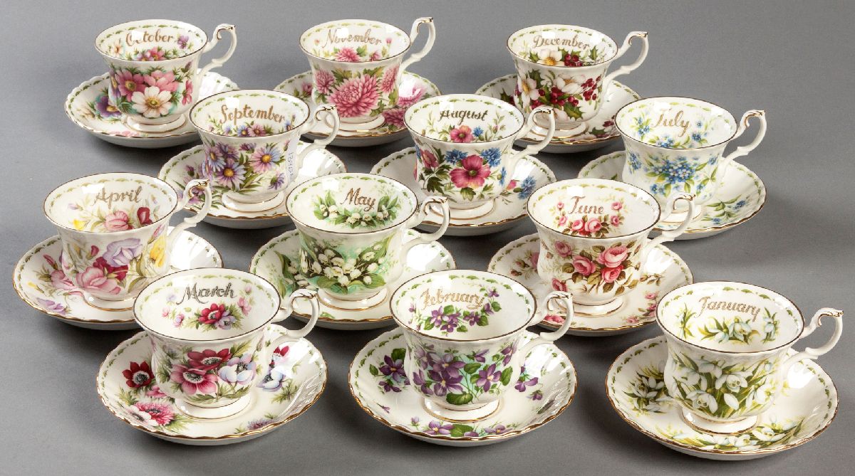A ROYAL ALBERT "FLOWERS OF THE MONTHS" PATTERN 12 PLACE TEA SERVICE, comprising: of twelve cups
