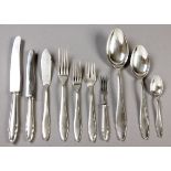 AN ASSEMBLED SET .800STD SILVER FLATWARE, comprising: six dinner knives, six dinner forks, five