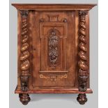 AN EARLY 20TH CENTURY DUTCH MAHOGANY HANGING CUPBOARD, of generous proportions, the out-swept top