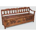 A 19TH CENTURY PAINTED PINE SOUTH GERMAN HANDMALEREI MONK'S BENCH, the back-rest with a serpentine