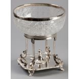 A SILVERPLATE AND CUTGLASS BOWL ON STAND, the hobnail cutglass bowl decorated with a silverplate