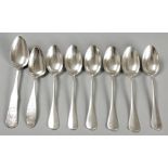 AN ASSEMBLED SET OF EIGHT CONTINENTAL SILVER SPOONS, various makers and patterns, 535g, (8).