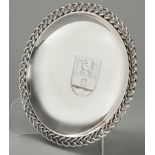 A STERLING SILVER DISH, the rim with attached rope form-border, the plain well engraved with an