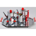 AN ITALIAN DESIGN ART DECO STAINLESS STEEL BAKELITE TEA AND COFFEE SERVICE, comprising of a