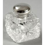 A VICTORIAN SILVER AND CUTGLASS INKWELL, LONDON 1896, JOHN NEWTON MAPPIN, plain hinged cover, silver