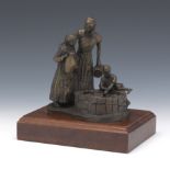 Bronze Figural Group, Mother and Children, on Wood Pedestal