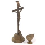 Antique Patinated Bronze and Mixed Metals Crucifix and Gothic Revival Gilt Bronze Ecclesiastical Ve