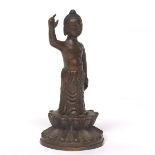 Tibetan Patinated Bronze Cabinet Sculpture of Buddha on Lotus Throne