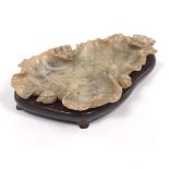 Chinese Carved Stone Lotus Leaf and Buds Centrepiece Bowl on Wood Stand