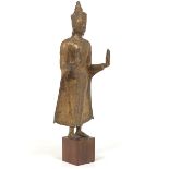 Antique Gilt Bronze Large Sculpture of Standing Buddha in Double Abhaya Mudra, on Wood Base, Thaila