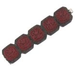 Chinese Export Silver Gilt Metal and Carved Cinnabar Bracelet