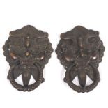 Pair of Chinese Patinated Brass Mythical Beast Head Door Knockers