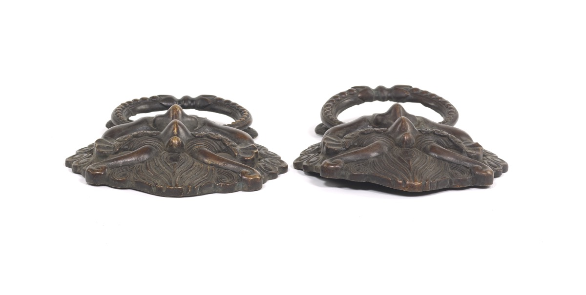 Pair of Chinese Patinated Brass Mythical Beast Head Door Knockers - Image 6 of 7
