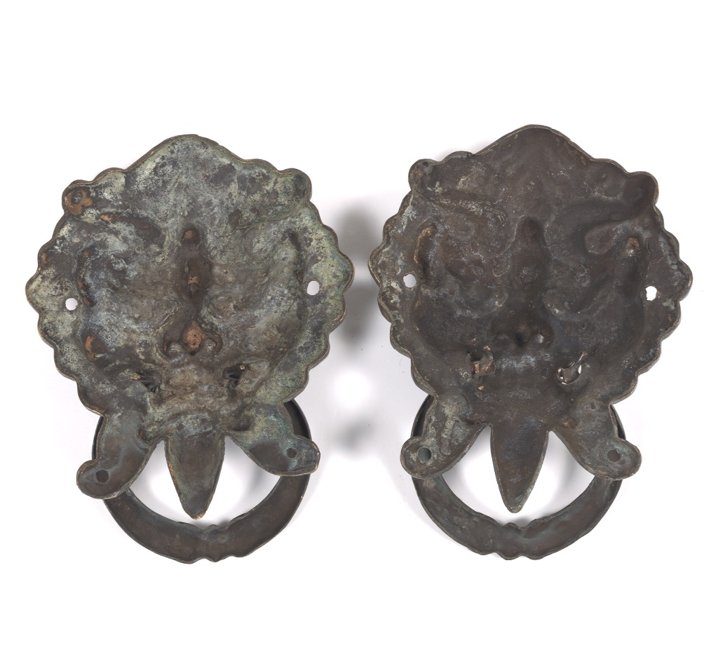 Pair of Chinese Patinated Brass Mythical Beast Head Door Knockers - Image 7 of 7
