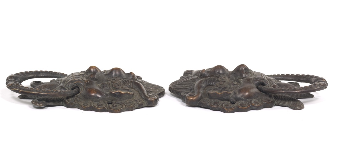 Pair of Chinese Patinated Brass Mythical Beast Head Door Knockers - Image 3 of 7