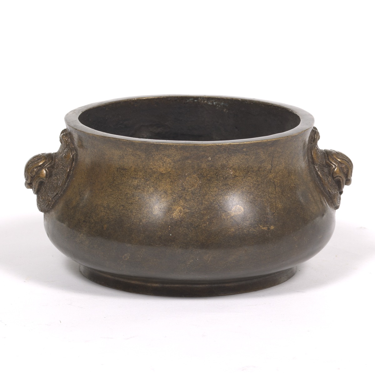 Archaistic Heavy Patinated Bronze Censer with Mythical Beast Head Handles