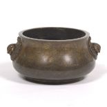 Archaistic Heavy Patinated Bronze Censer with Mythical Beast Head Handles