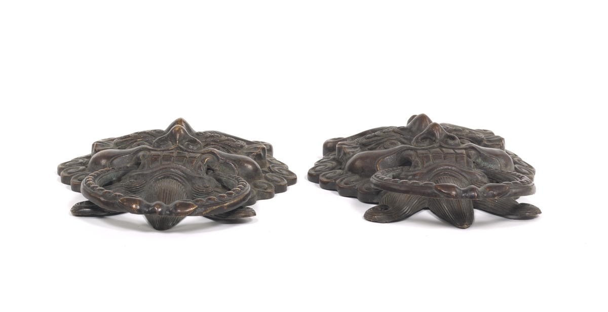 Pair of Chinese Patinated Brass Mythical Beast Head Door Knockers - Image 4 of 7