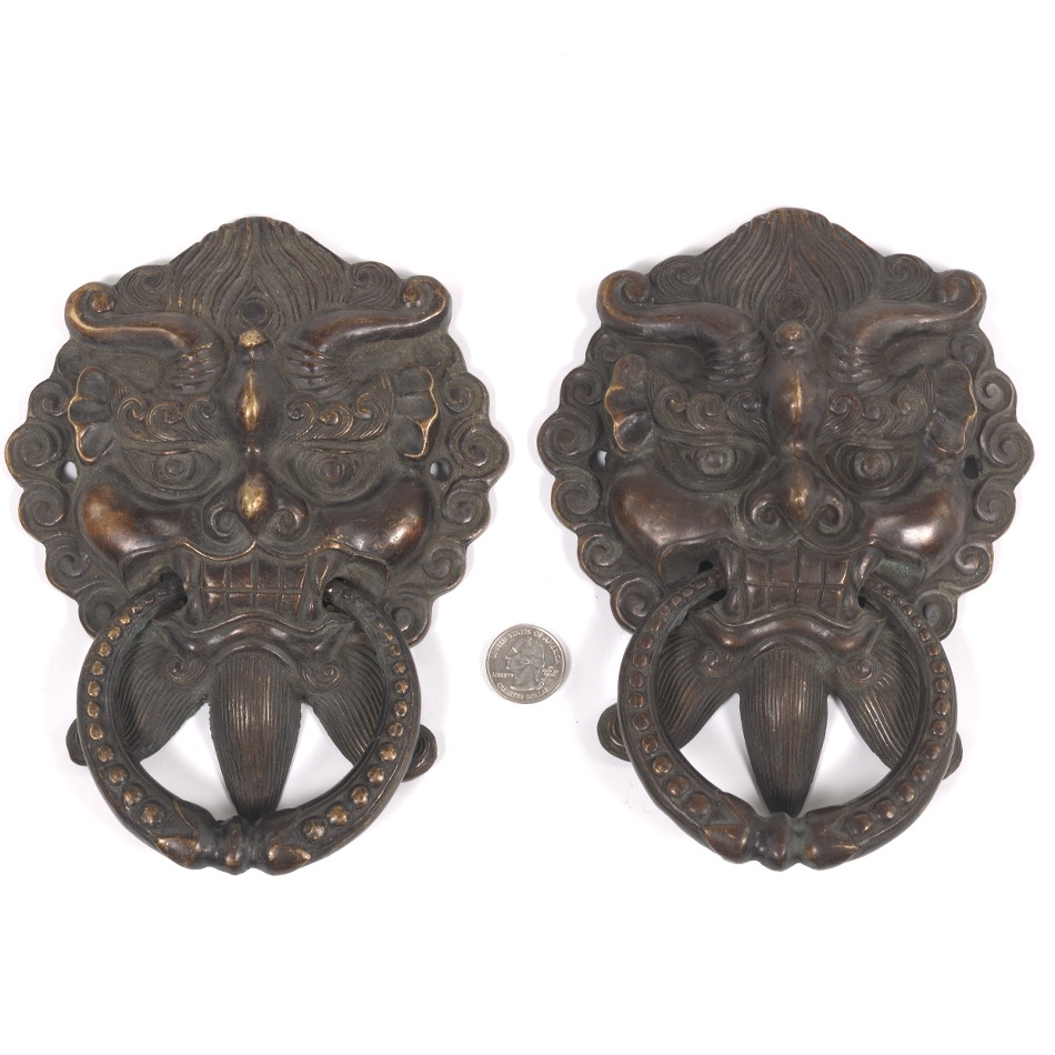 Pair of Chinese Patinated Brass Mythical Beast Head Door Knockers - Image 2 of 7