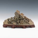 Chinese Carved Hardstone Mountain Landscape on Carved Hardstone Stand