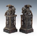 Chinese Mirror Image Carved Hardstone Grouping of Water Buffalo with Calf, on Carved Wood Stand