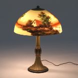 Jefferson Signed Reverse Painted Glass Scenic Lamp with Patinated Metal Base