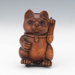 Japanese Antique Carved Boxwood Lucky Cat "Maneki Neko" Inro, Carved Koala Netsuke and Ojimi Bead,