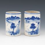 Pair of Blue and White Ceramic Brush Pots