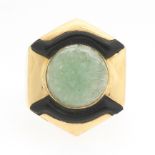 Retro Gold, Carved Jade and Enamel Ring