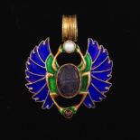 Victorian Egyptian Revival Vermeil Gold on Sterling Silver, Enamel, Seed Pearl, Rhodolite Garnet an