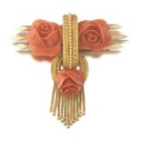 Victorian Tri-Tone Gold and Carved Coral Floral Pin/Brooch