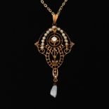 Victorian Gold, Diamond and Seed Pearl Pendant on Italian Gold Chain