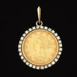 1898 $10 Liberty Gold Coin in Gold Bezel with Diamonds