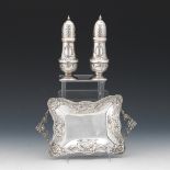 Greek Sterling Silver Ornate Serving Tray and Salt Pepper Sterling Shakers