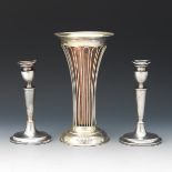 Dominick & Haff Sterling Silver Vase with Copper Insert and Pair of Silver Plated Candlesticks