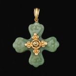 Gold and Carved Celadon Jade Cross Pendant